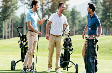 three men playing golf