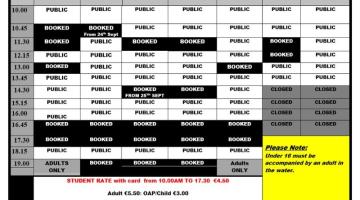 Sean Treacy Pool timetable 16 Sept - 20 October