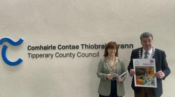 image of Sinead Carr, Chief Executive, Tipperary County Council; Cllr. John Carroll, Cathaoirleach, Tipperary County Council, holding Tipperary Bealtaine promotional material